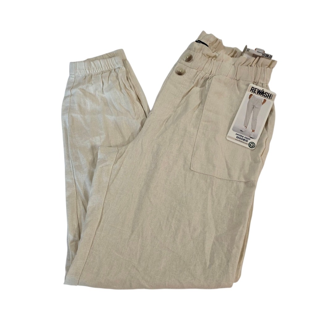 Rewash Womens Jogger Pants Beige M Elastic Waist Woven Mid Rise Linen Paperbag